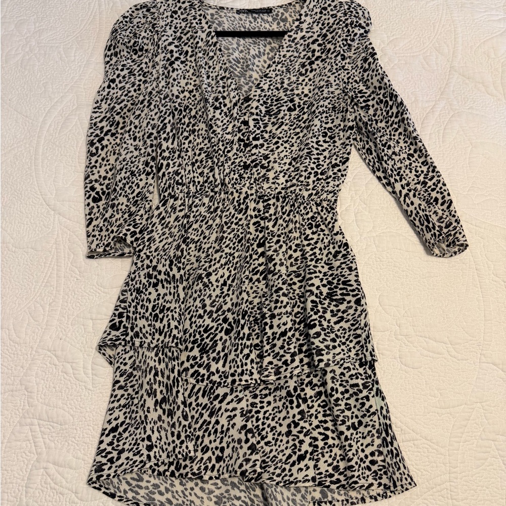 Zara Black & White Leopard Print Long Sleeve Wrap Dress - Picture 2 of 5